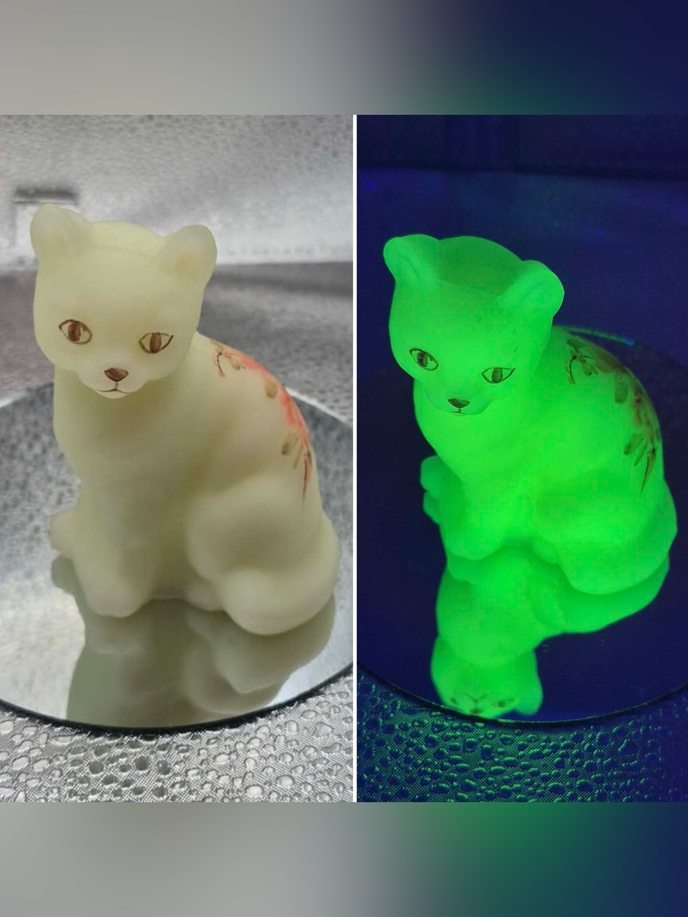 RARE Glowing Fenton Custard Glass Cat with Hand-painted Pink Roses by Spindler